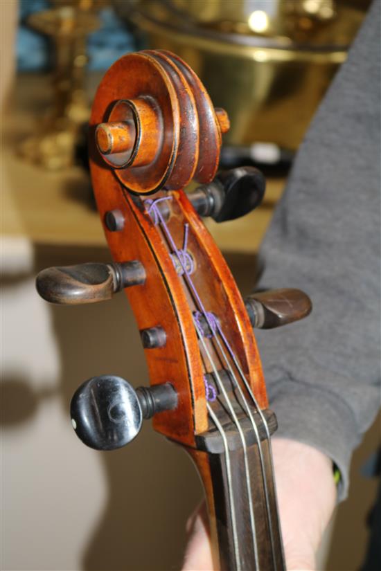 A cased cello and unsigned bow L.123cm